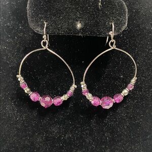 Purple Crystal Beaded Dangle Drop Hoop Earrings French Hook